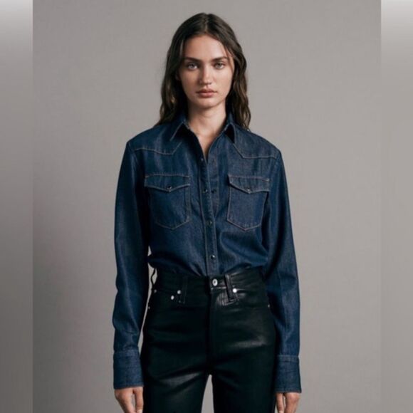 Rag and Bone Dark Denim Snap Front Blouse - Picture 1 of 6